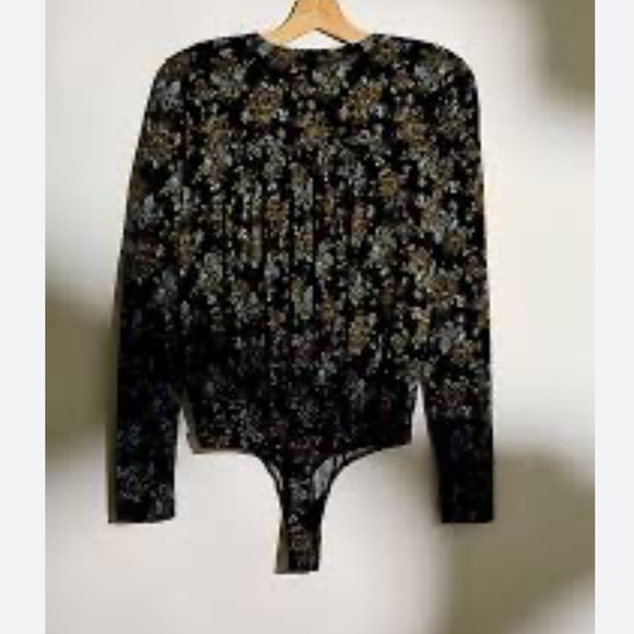 Free People Turnt Bodysuit Top V-neck Night Combo Floral Black Khaki Green L - Picture 9 of 16